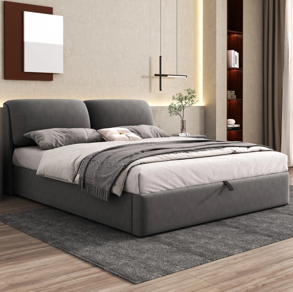 Letto imbottito 180x200 cm con contenitore idraulico, 3 cassetti e testiera in velluto grigio, senza materasso