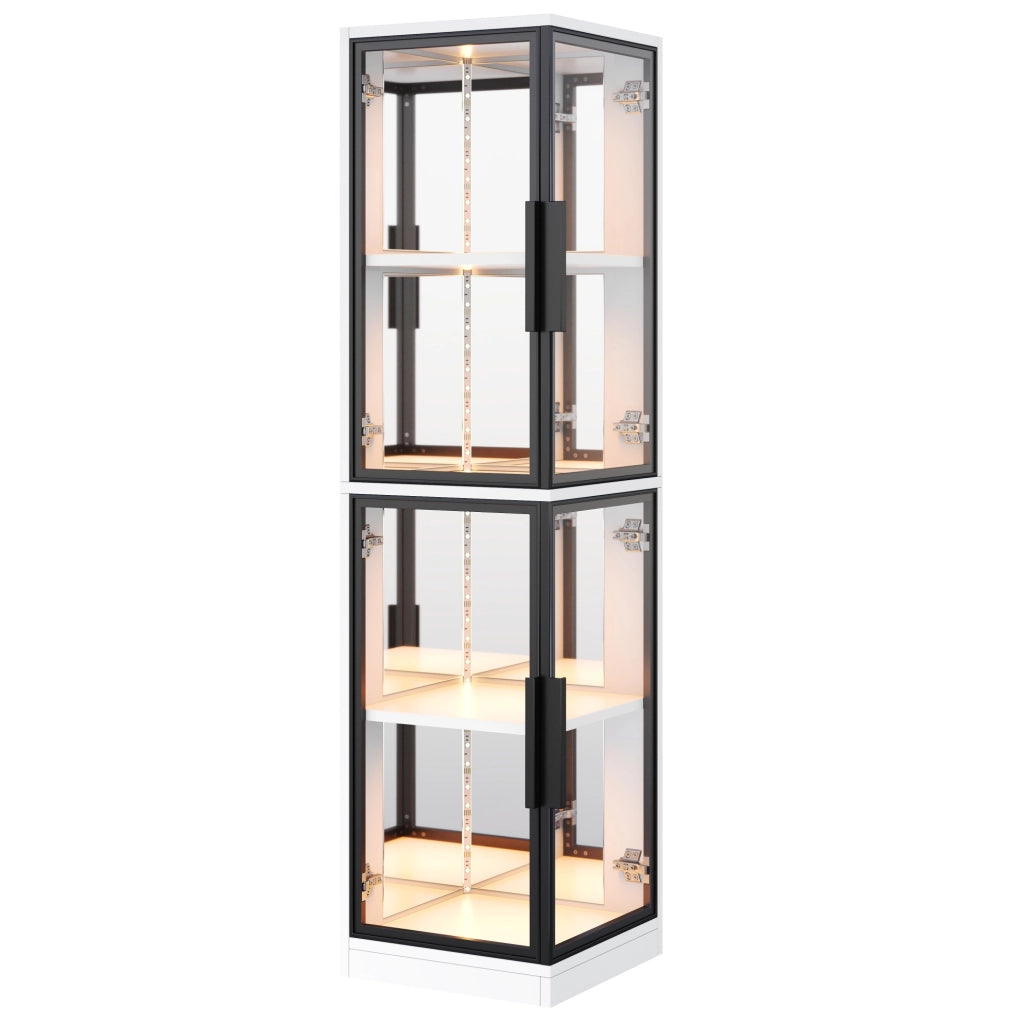 Vetrina angolare in vetro 44×42×164 cm con retro specchiato, illuminazione LED multicolore, bianca