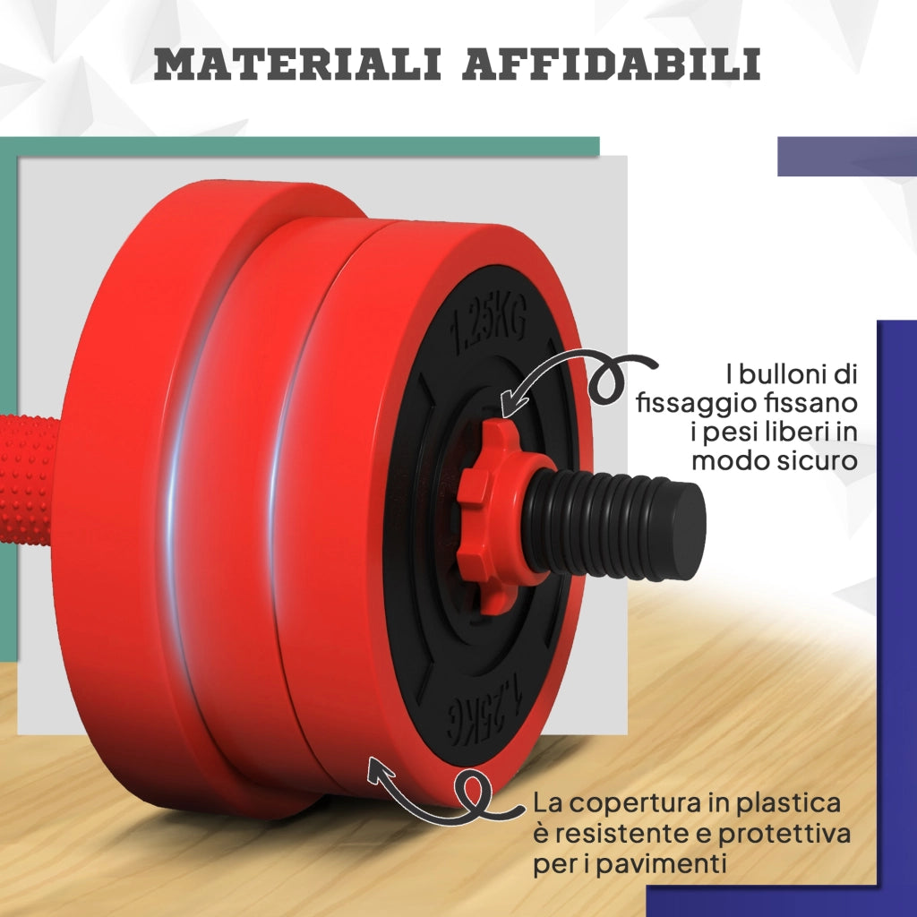 Set Pesi da Palestra 4 in 1 da 30kg, Convertibile in Kettlebell, 2 Manubri, Bilanciere e Supporto Flessioni, Rosso