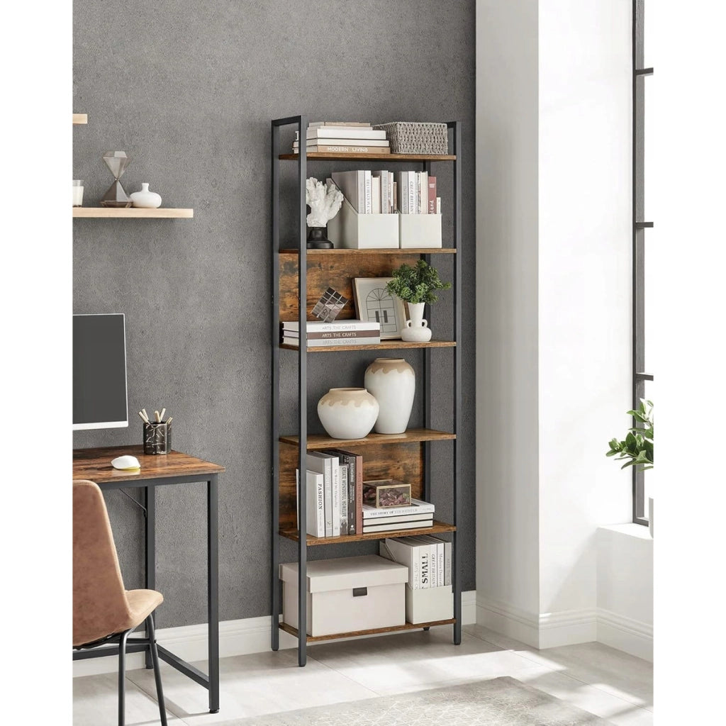 Libreria Industrial Loft a 6 Ripiani in Legno e Acciaio