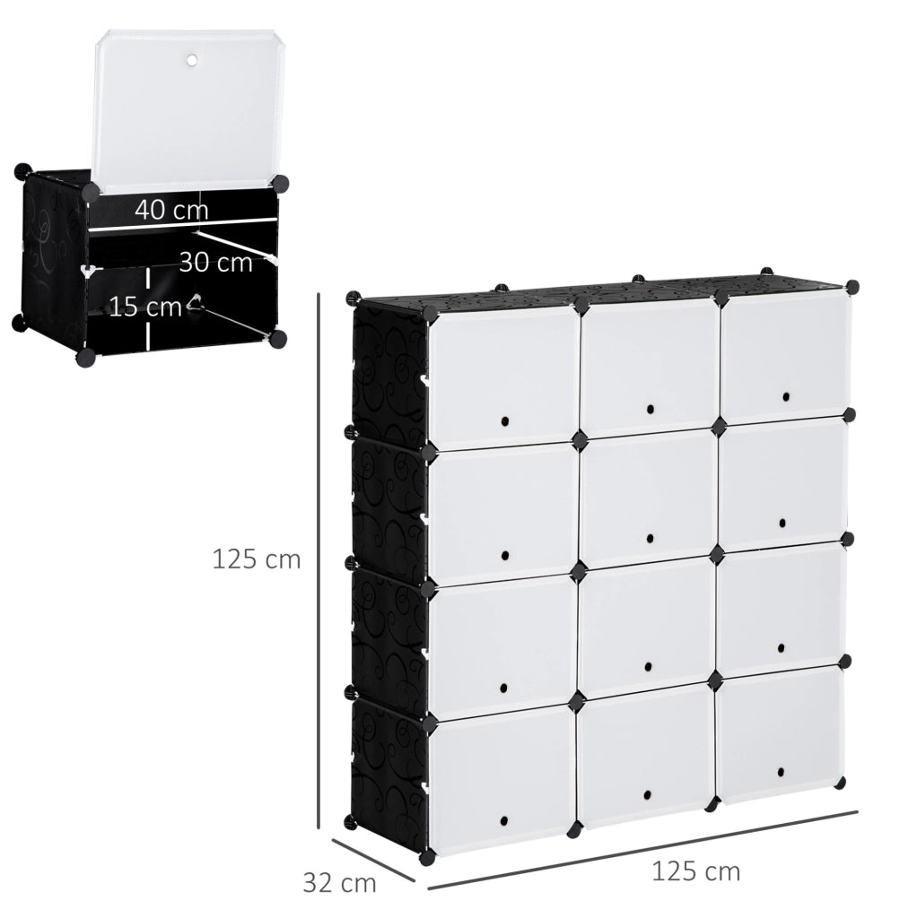 Scarpiera modulare a 12 cubi in plastica nera 125x32x125 cm