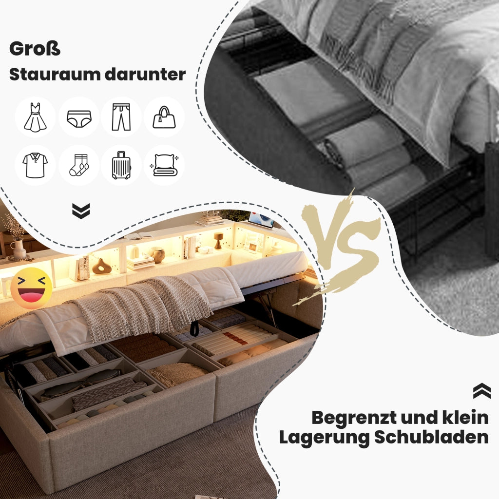 Letto divano 90 × 200 cm singolo con contenitore idraulico; LED regolabile; USB e Type-C; senza materasso; beige