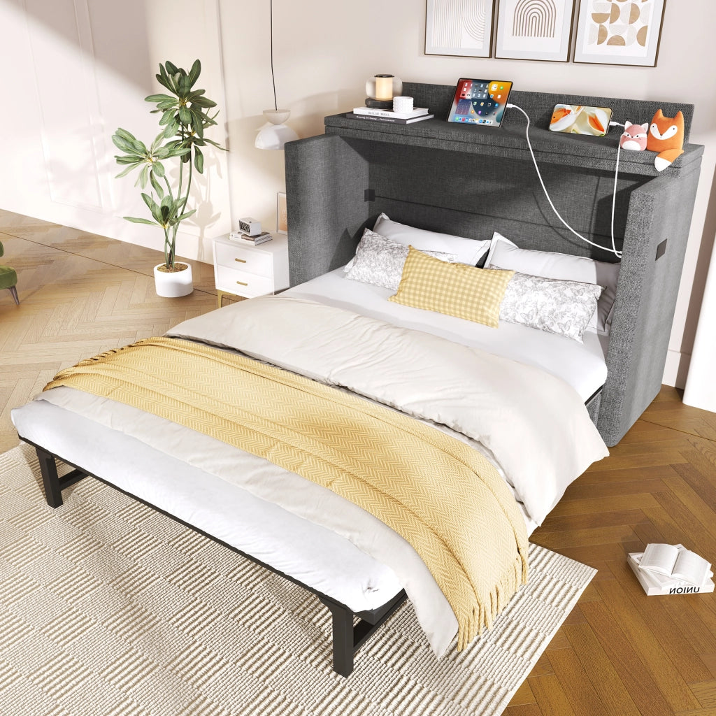 Letto a Scomparsa 140x200 cm in Lino con Cassetto; USB-C e Modulo Contenitore Mobile; Grigio
