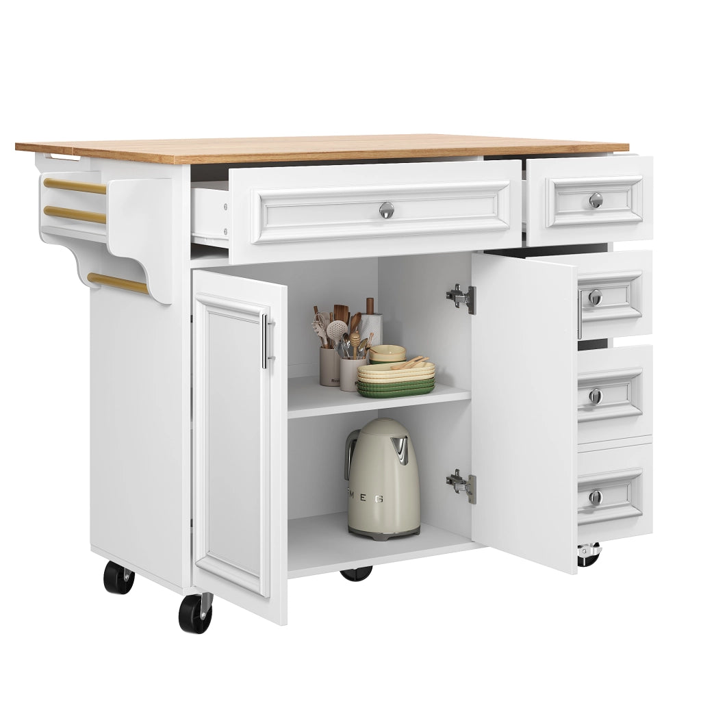 Carrello da cucina con piano pieghevole, cassetti, ripiani regolabili e mensola laterale in MDF bianco per cucina