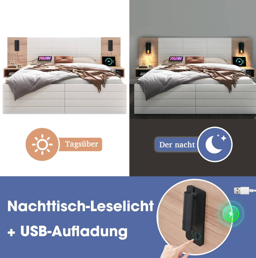 Letto matrimoniale 180x200 cm con comodini, cassetti, luce orientabile e USB