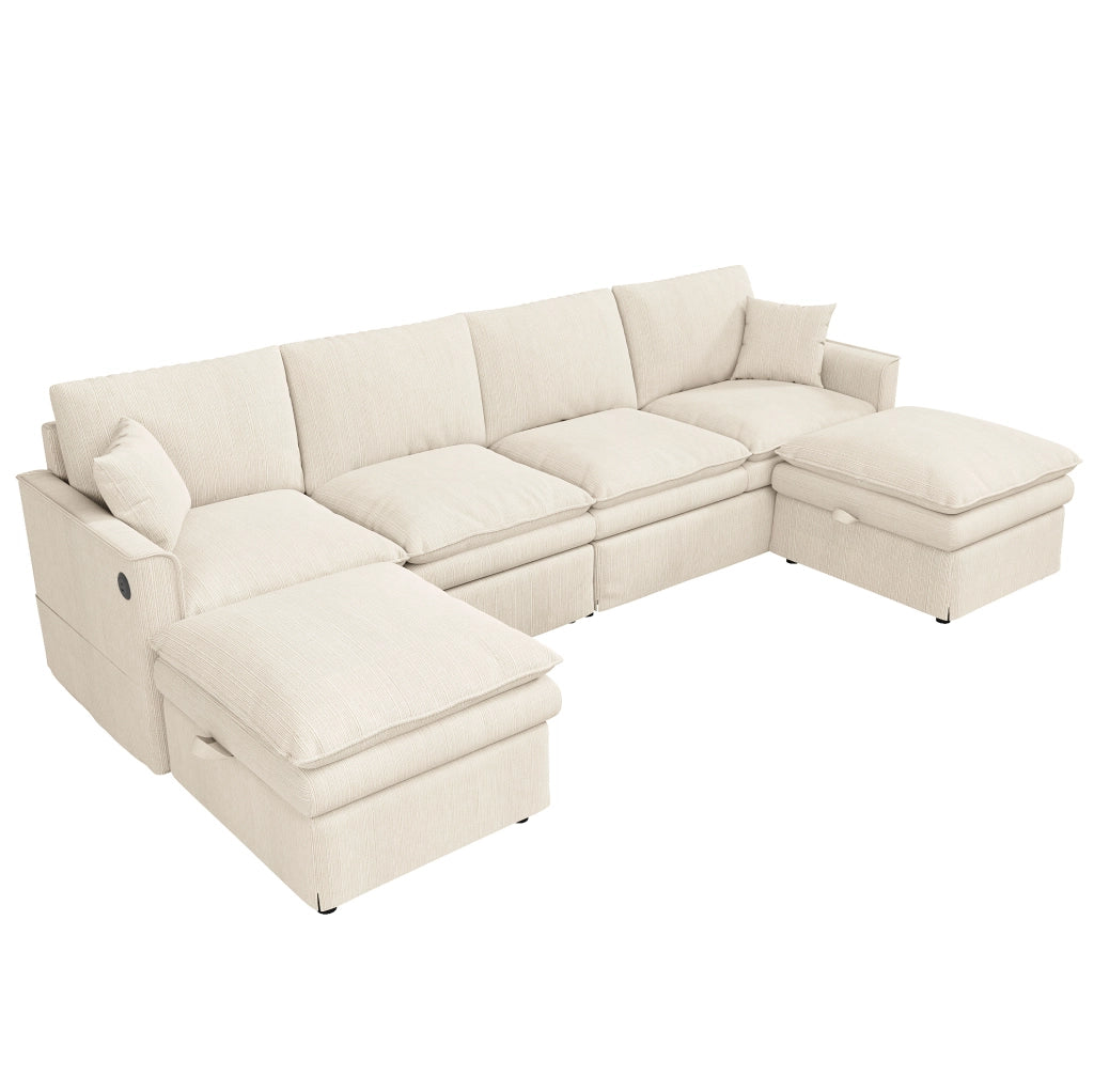 Divano modulare angolare ULEVR 6 posti 277x135x80 cm a U/L con 2 pouf contenitore, USB e Type-C, beige