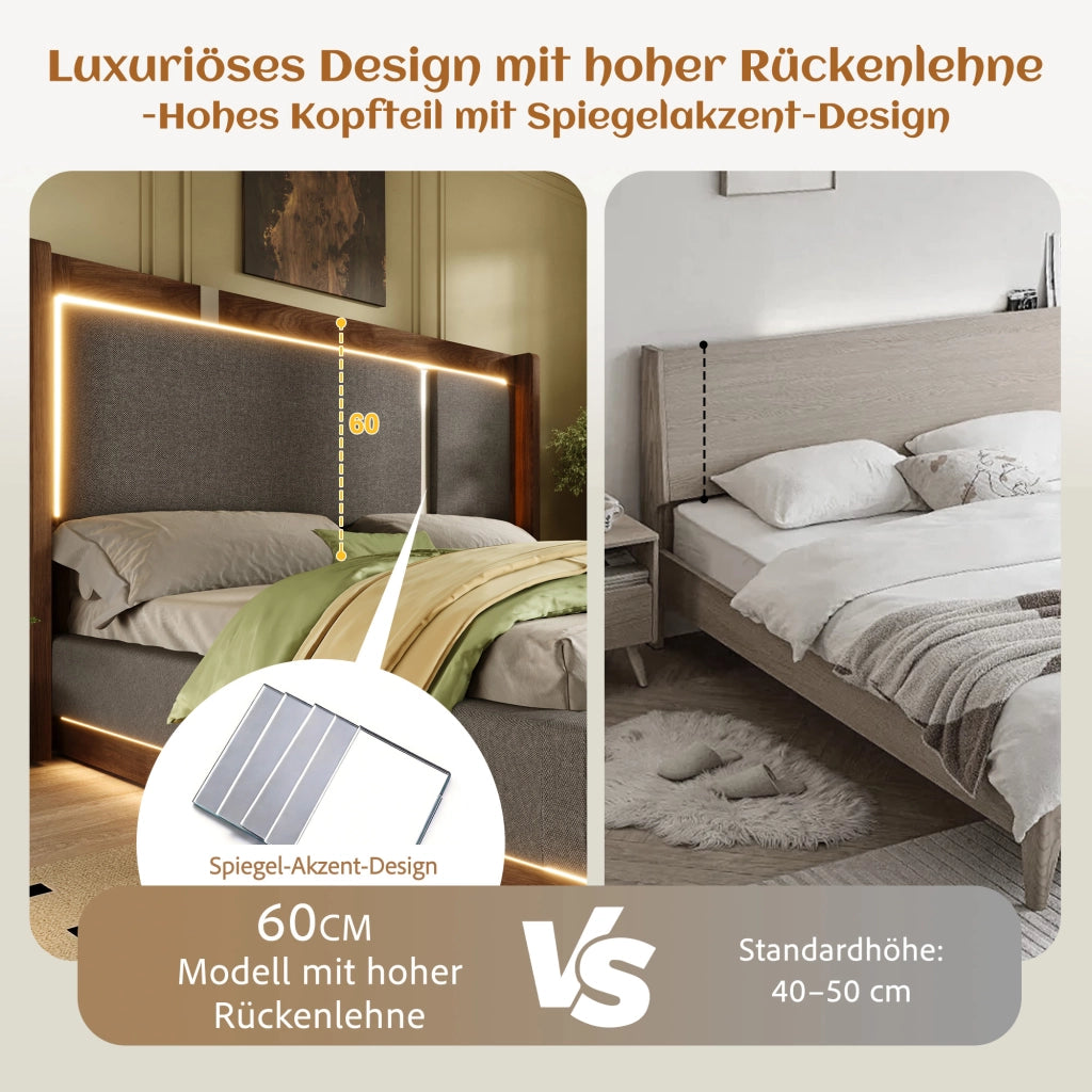 Letto contenitore 140 × 190 cm con rete a doghe LED e testiera imbottita in lino grigio e noce