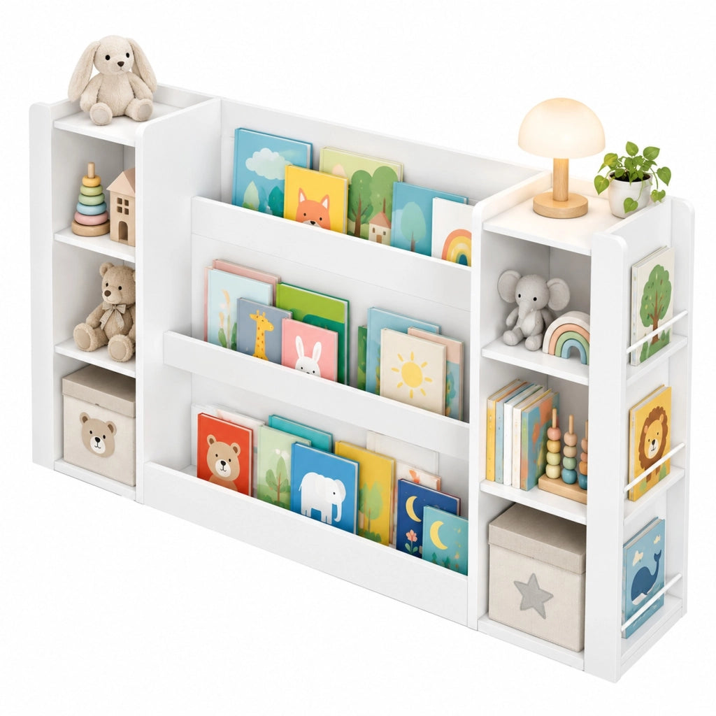 Libreria per bambini con ripiani aperti e angoli arrotondati in MDF bianco