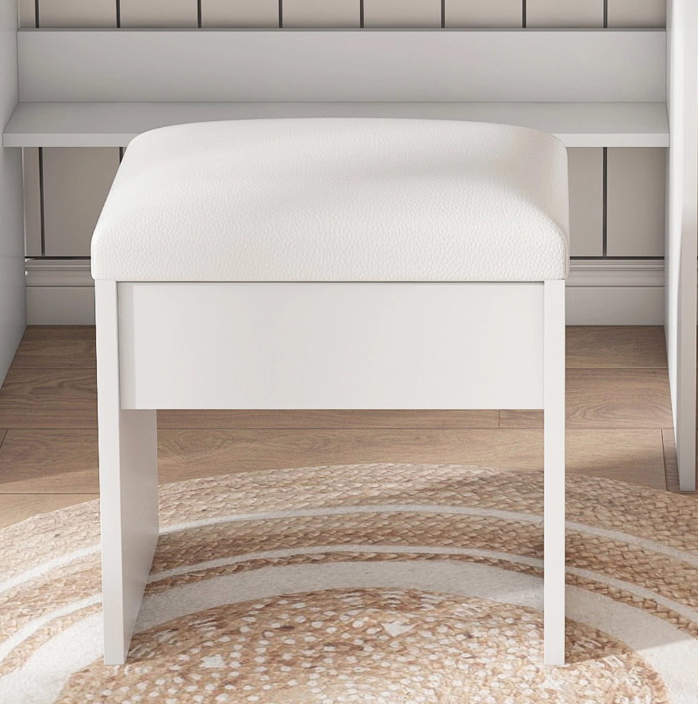Toeletta bianca in MDF con specchio LED, presa, supporto asciugacapelli e sgabello
