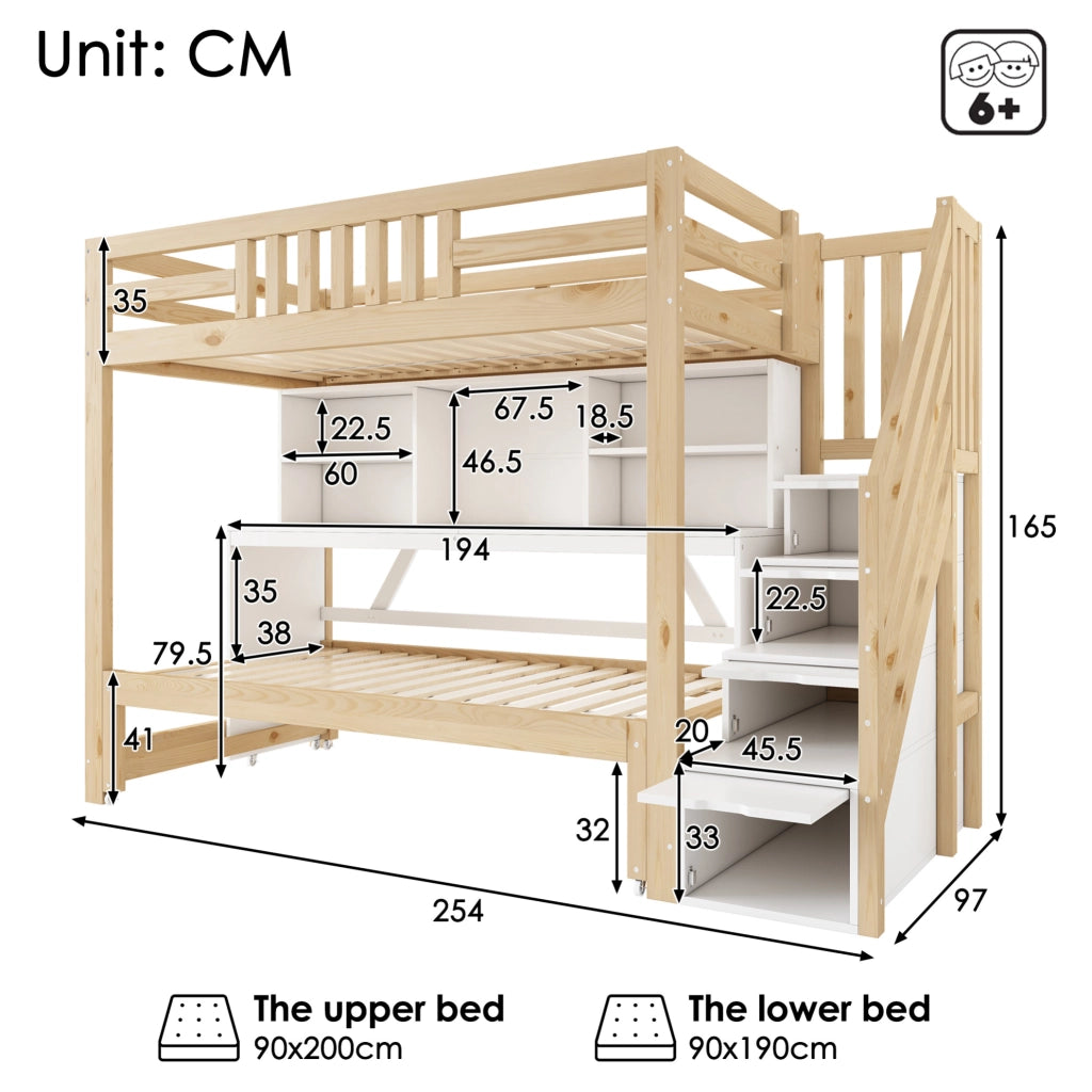 Letto a castello 90x200/90x190 cm con scrivania e letto estraibile in pino, compensato e MDF