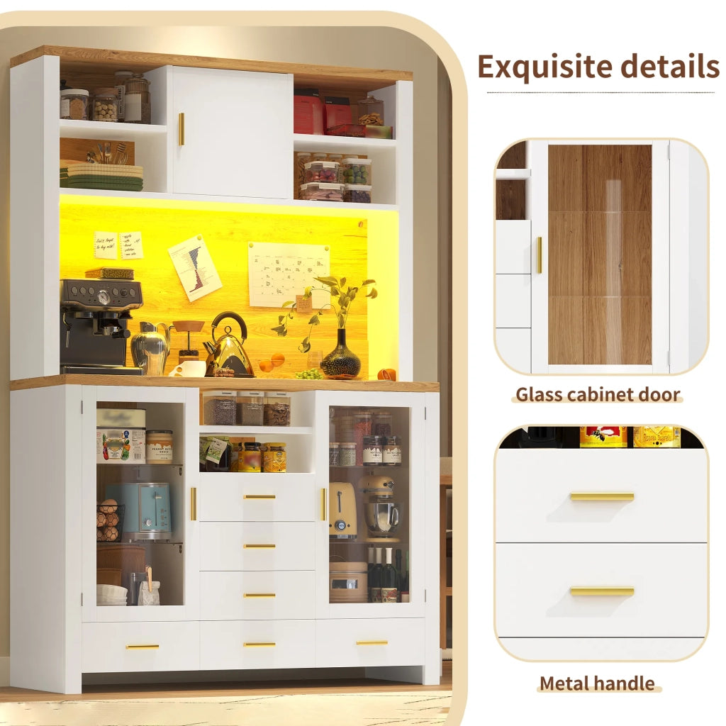 Mobile laterale multifunzione stile country, 120x40x188 cm, bianco con effetto legno, 4 ante, 6 cassetti, 3 ante, striscia LED