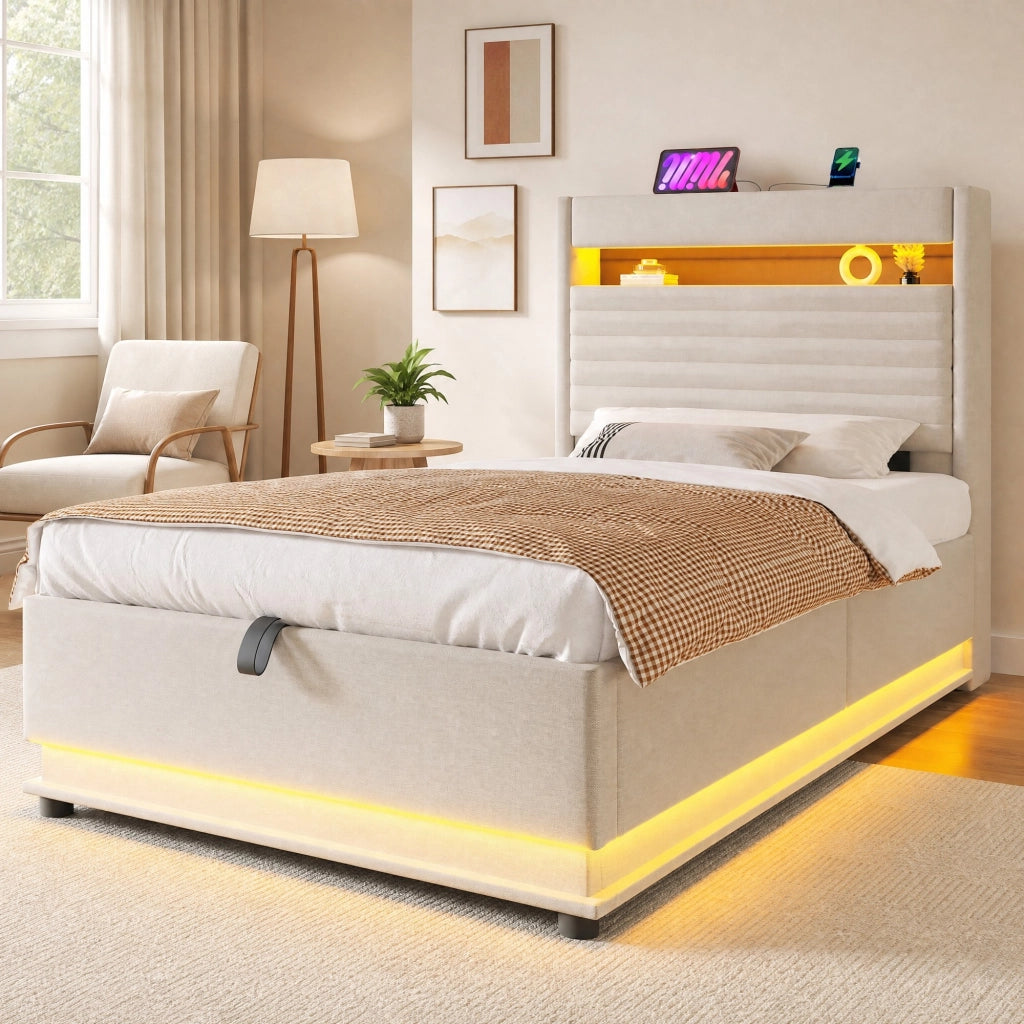 Letto imbottito 90x200 cm con contenitore idraulico, LED e porte USB/Type-C, beige