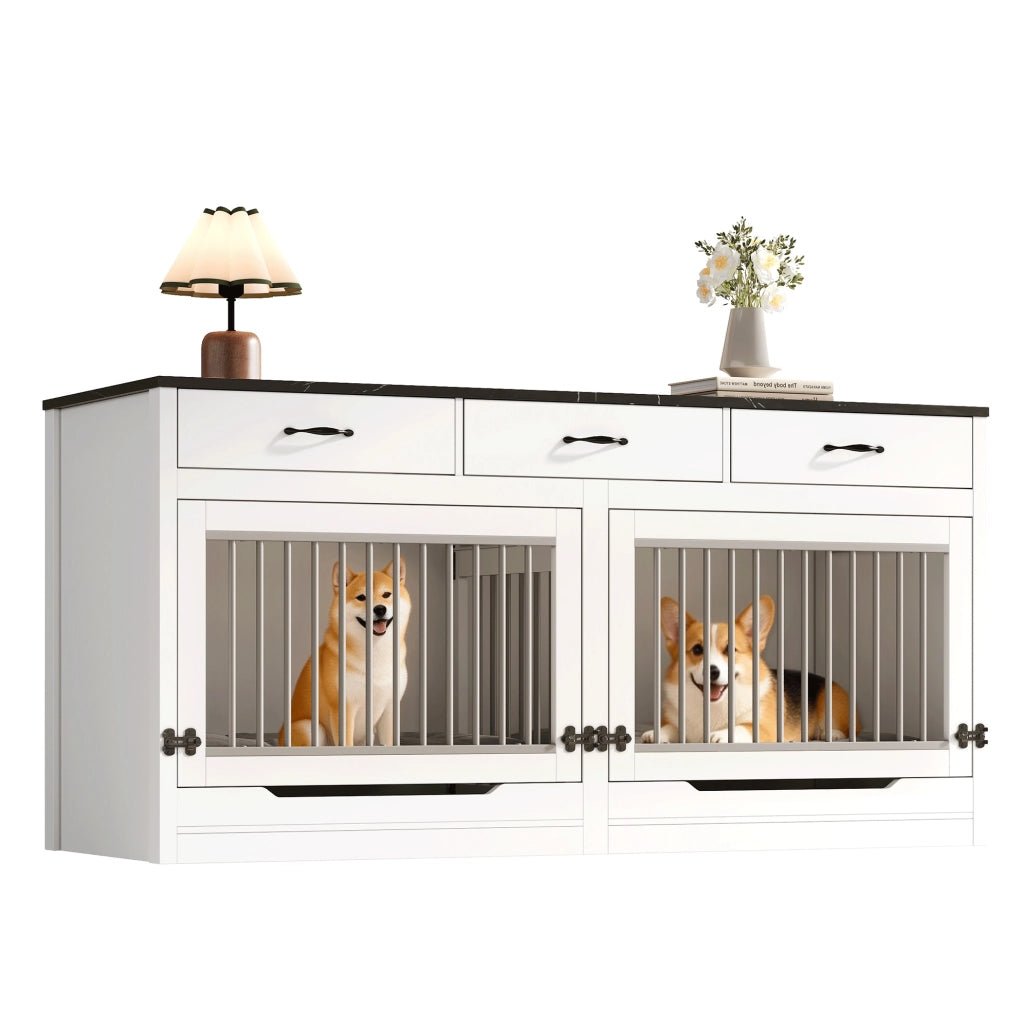 Gabbia per Cani in Legno e Metallo 164 x 60 x 81 cm con Porta Sollevabile e 3 Cassetti Bianca e Nera