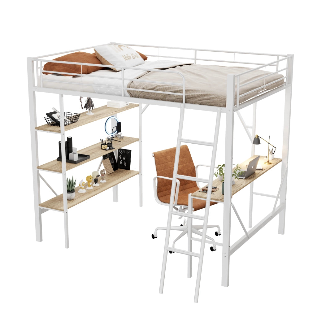 Letto a soppalco bianco 90x200 cm con scrivania e 3 scaffali in metallo e MDF