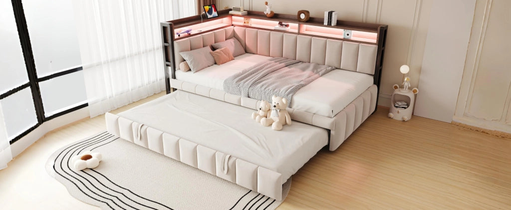 Divano letto ULEVR 90x200 cm estraibile con LED, USB e Type-C, vani portaoggetti, velluto beige