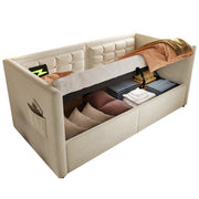 Letto divano singolo 90 × 200 cm con contenitore idraulico, USB e porta tipo C, senza materasso, velluto beige