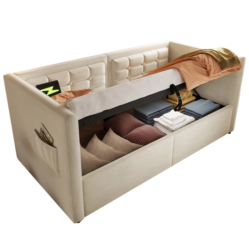 Letto divano singolo 90 × 200 cm con contenitore idraulico, USB e porta tipo C, senza materasso, velluto beige