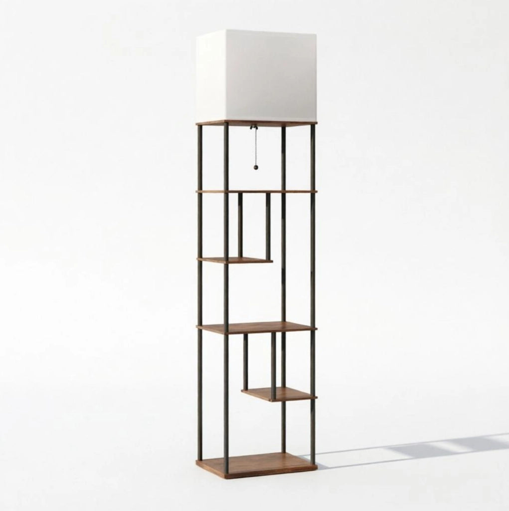 Lampada da terra 40x29x171 cm in metallo e MDF con 5 ripiani, nero-marrone
