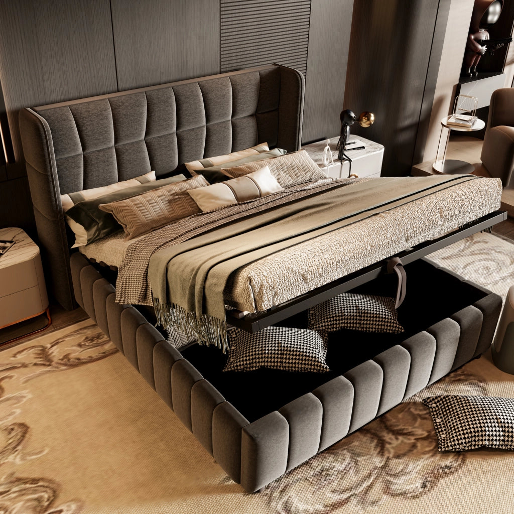 Letto matrimoniale 180 × 200 cm 2 posti con contenitore sollevabile, senza materasso, in tessuto grigio