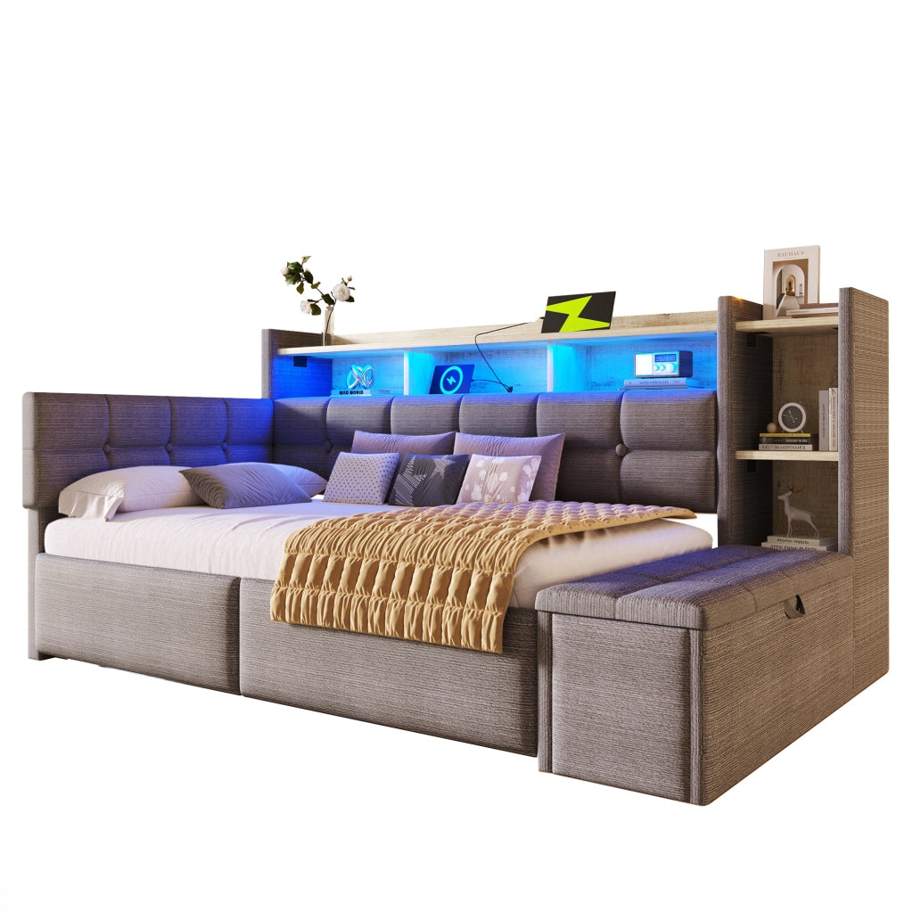 Divano letto in velluto 90x190 cm con 2 cassetti; LED; USB e Type-C; grigio scuro