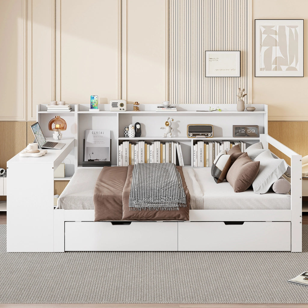 Letto matrimoniale 140x200 cm in legno bianco con scrivania; libreria; cassetti e presa USB