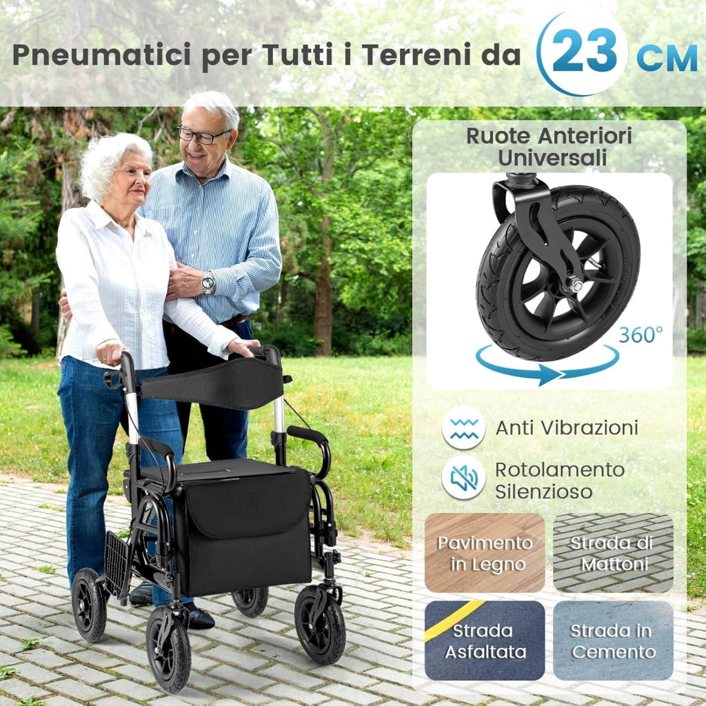 2 in 1 Deambulatore Pieghevole e Sedie a Rotelle per Anziani in Alluminio, Rollator Altezza Regolabile con Seduta e Freni, Girello per Anziani con Ruote Robuste, Carico Massimo 140 kg (Nero)