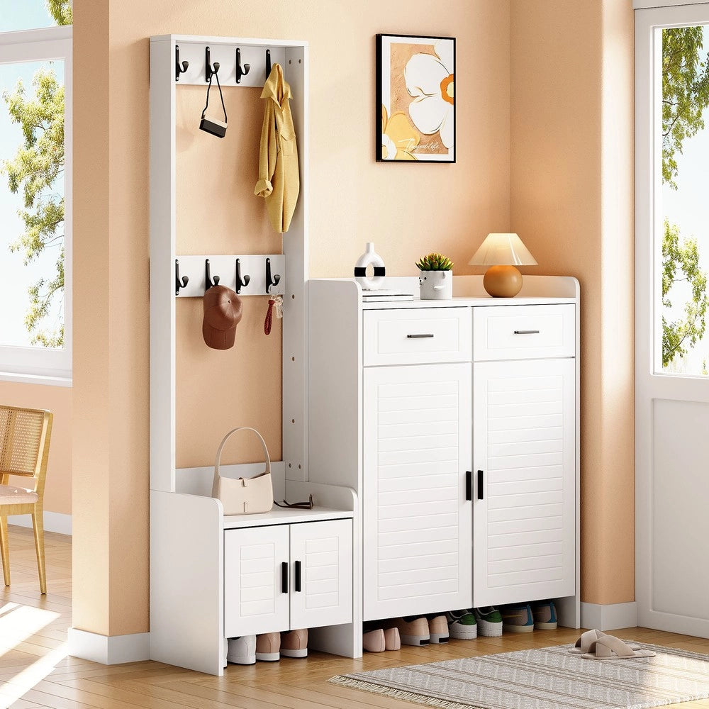 Set appendiabiti e scarpiera ingresso ¨C Minimal ¨C bianco, 2 cassetti 2 ante 6 ripiani 8 ganci, 125x36x165 cm