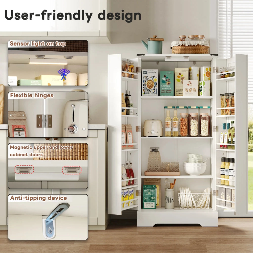 Credenza da cucina 128,5 cm stile country bianca con texture, 2 ante e ripiani regolabili, illuminazione LED, per sala da pranzo o soggiorno