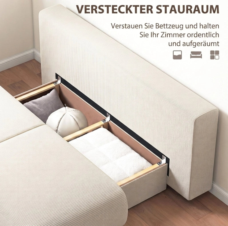 Divano letto 2 posti con schienale regolabile, funzione letto e contenitore nascosto, rivestimento in corda beige