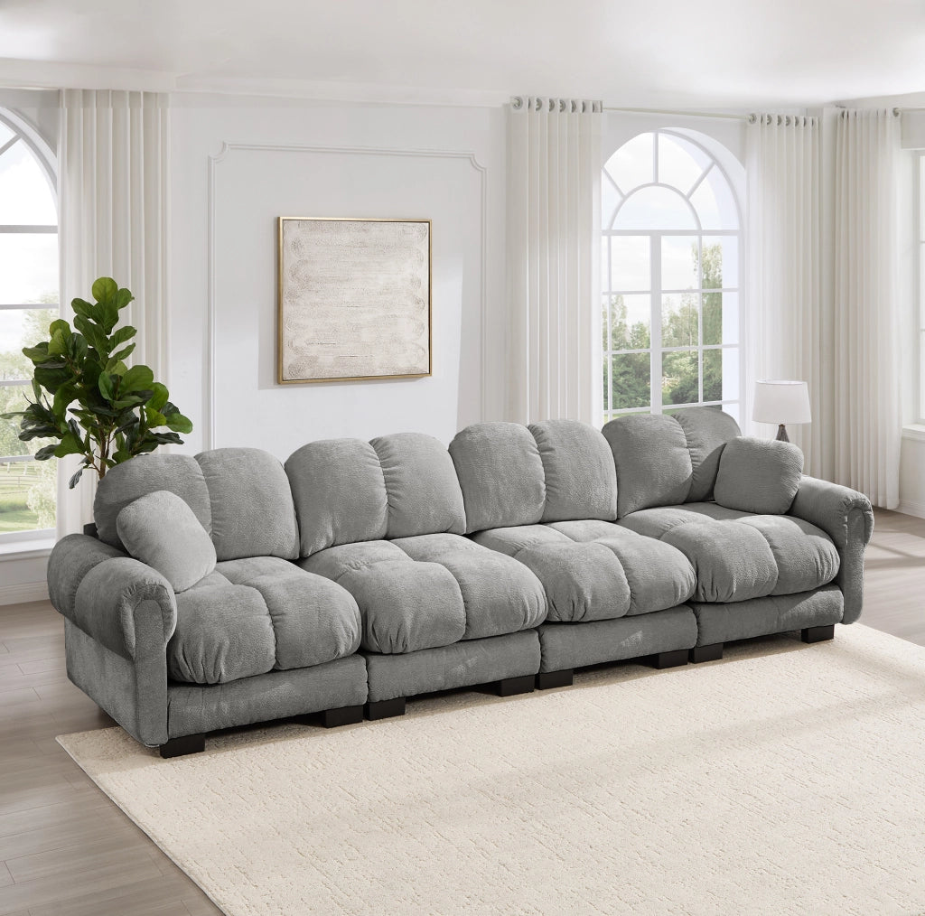 Divano modulare in chenille grigio chiaro 330x86x90 cm con cuscini imbottiti e schienale ergonomico