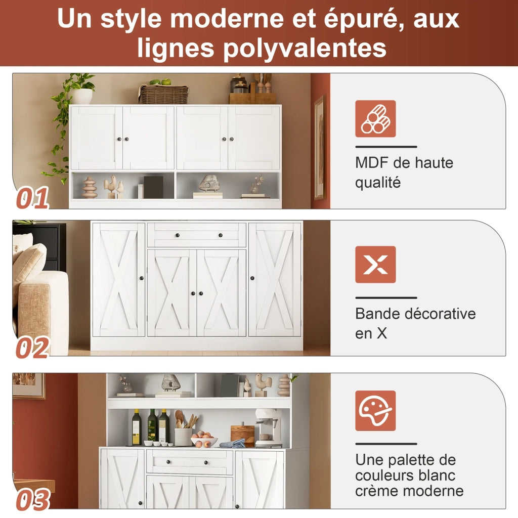 Credenza da cucina stile country, cremobianco, 140x40x185 cm, con piano di lavoro e presa elettrica. Grande armadio con cassetto, ripiani regolabili e vani porta