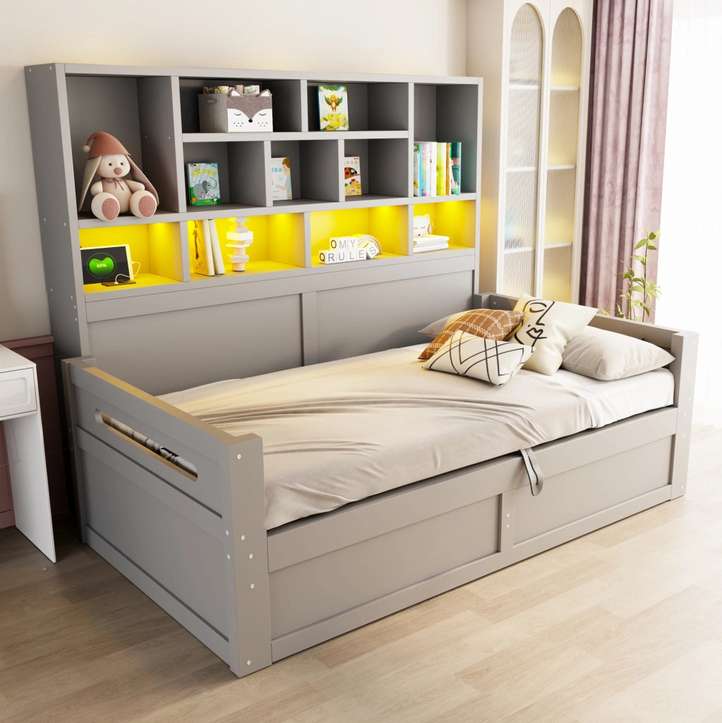 Letto singolo multifunzione 90x200 cm con contenitore idraulico, illuminazione LED e presa elettrica, grigio