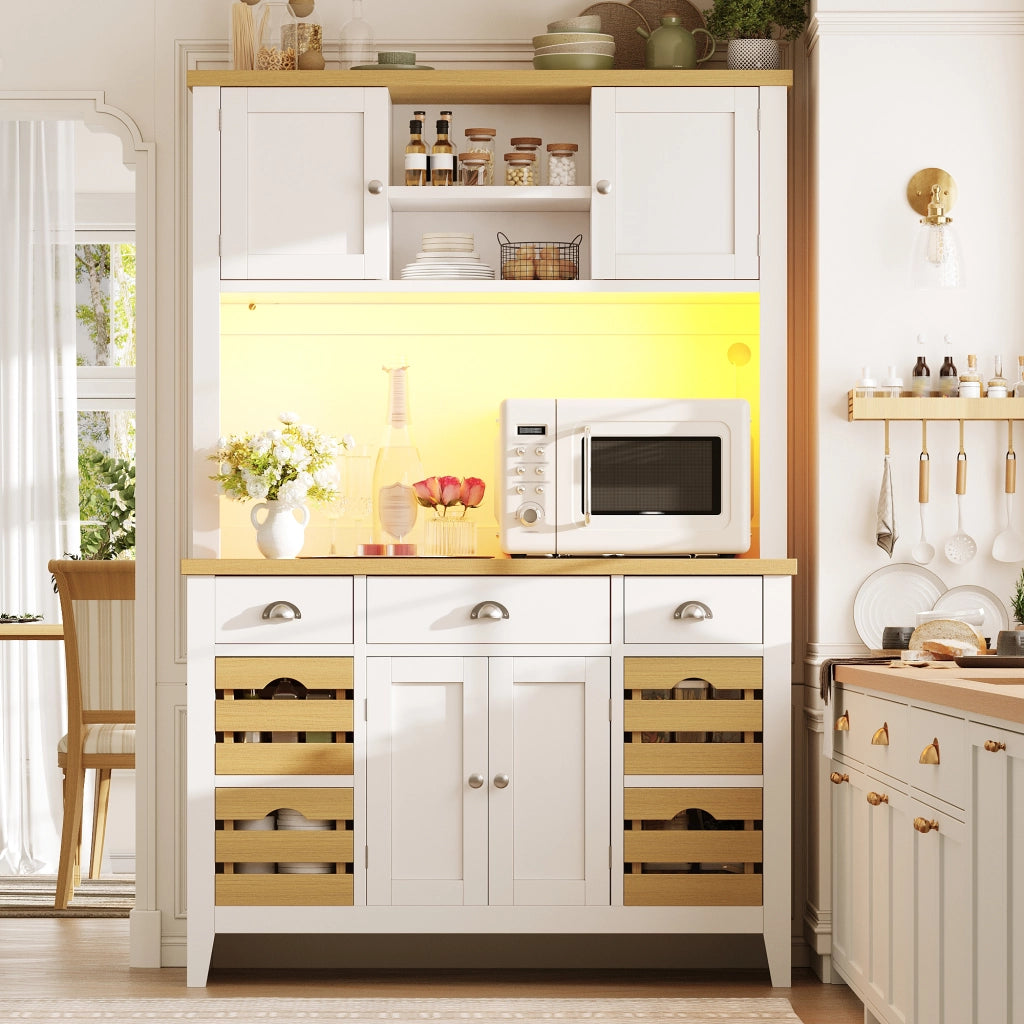 Credenza da cucina alta con ripiani regolabili e 4 cestelli, LED multicolore, in MDF bianco, 120 × 40 × 188 cm