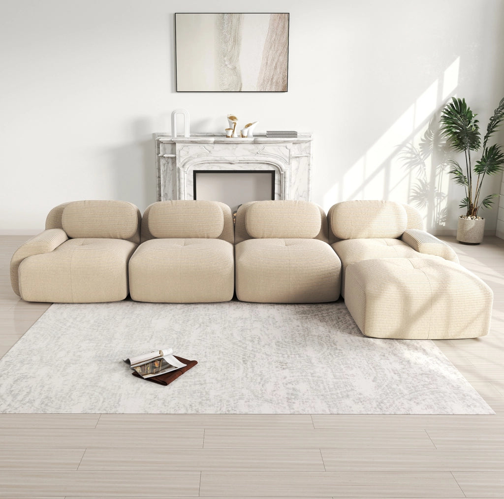 Divano angolare modulare 4 posti in velluto a coste beige, 32D, senza montaggio