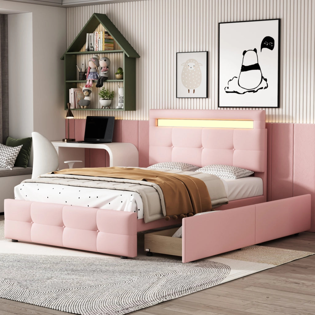 Letto Singolo 90x200 Imbottito Rosa con Luci LED e 2 Cassetti