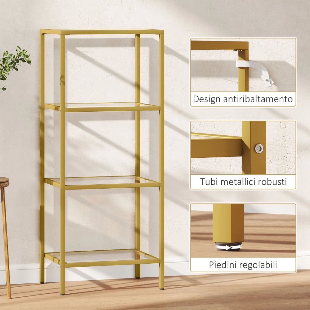 Scaffale a 4 Livelli in Metallo e Vetro Temperato, Mobiletto Salvaspazio per Casa, Design Moderno, Robusto, Color Oro, 40x30x96.5 cm