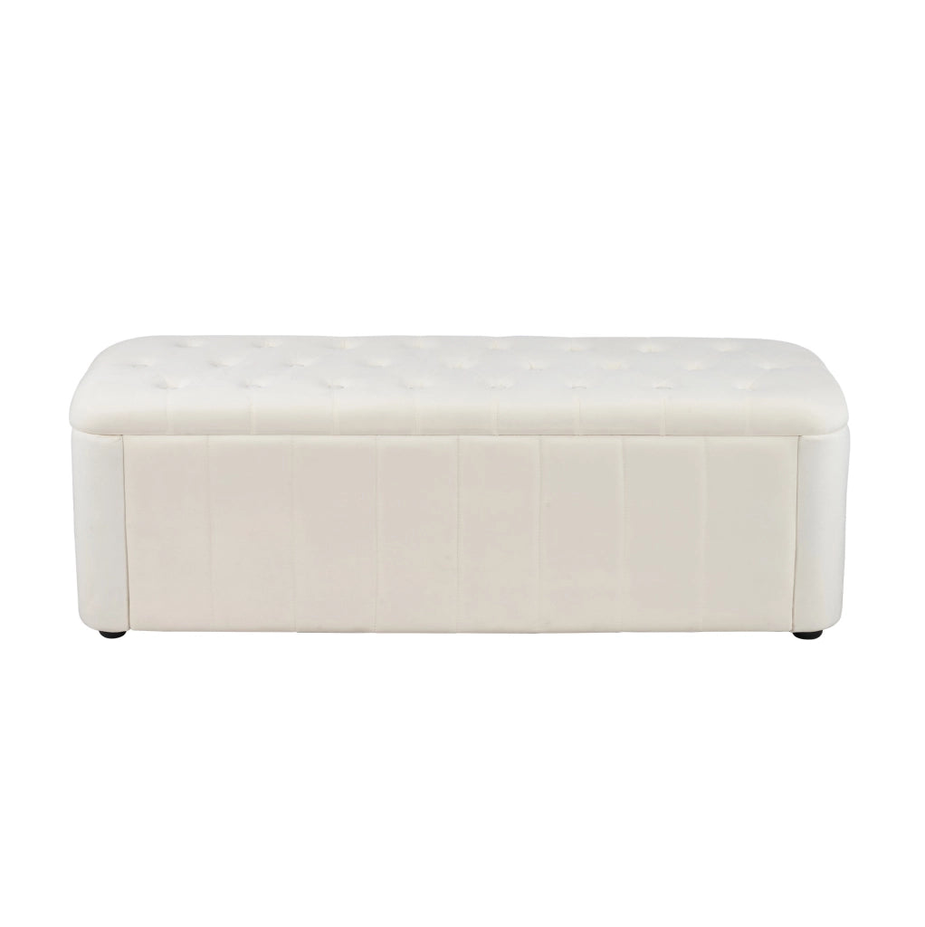 Panca contenitore imbottita in velluto beige con schienale capitonné; seduta per soggiorno e ingresso
