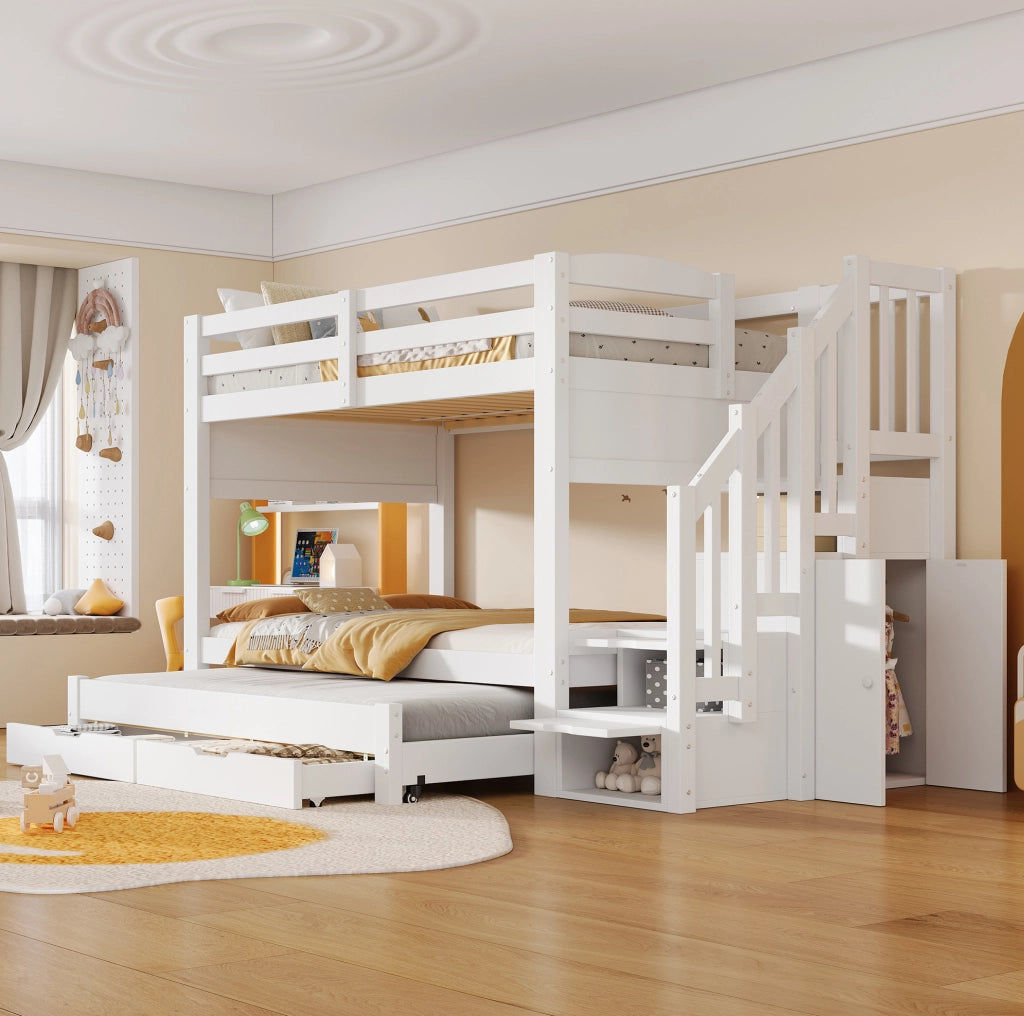 Letto a castello 90x200 cm con letto estraibile; cassetti e armadio bianco HOMVRA