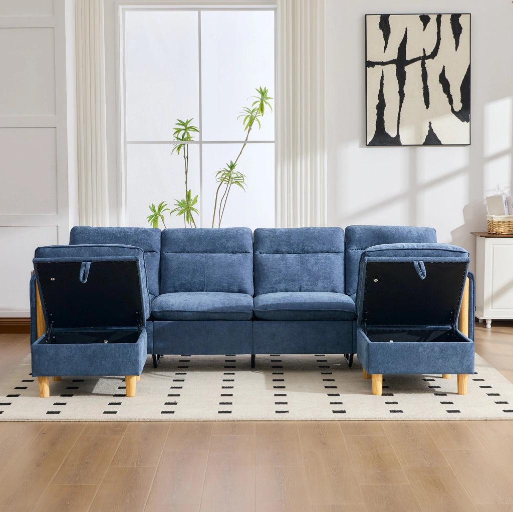 Divano modulare a U 4 posti con 2 pouf contenitore; chenille blu; 261x77x86 cm
