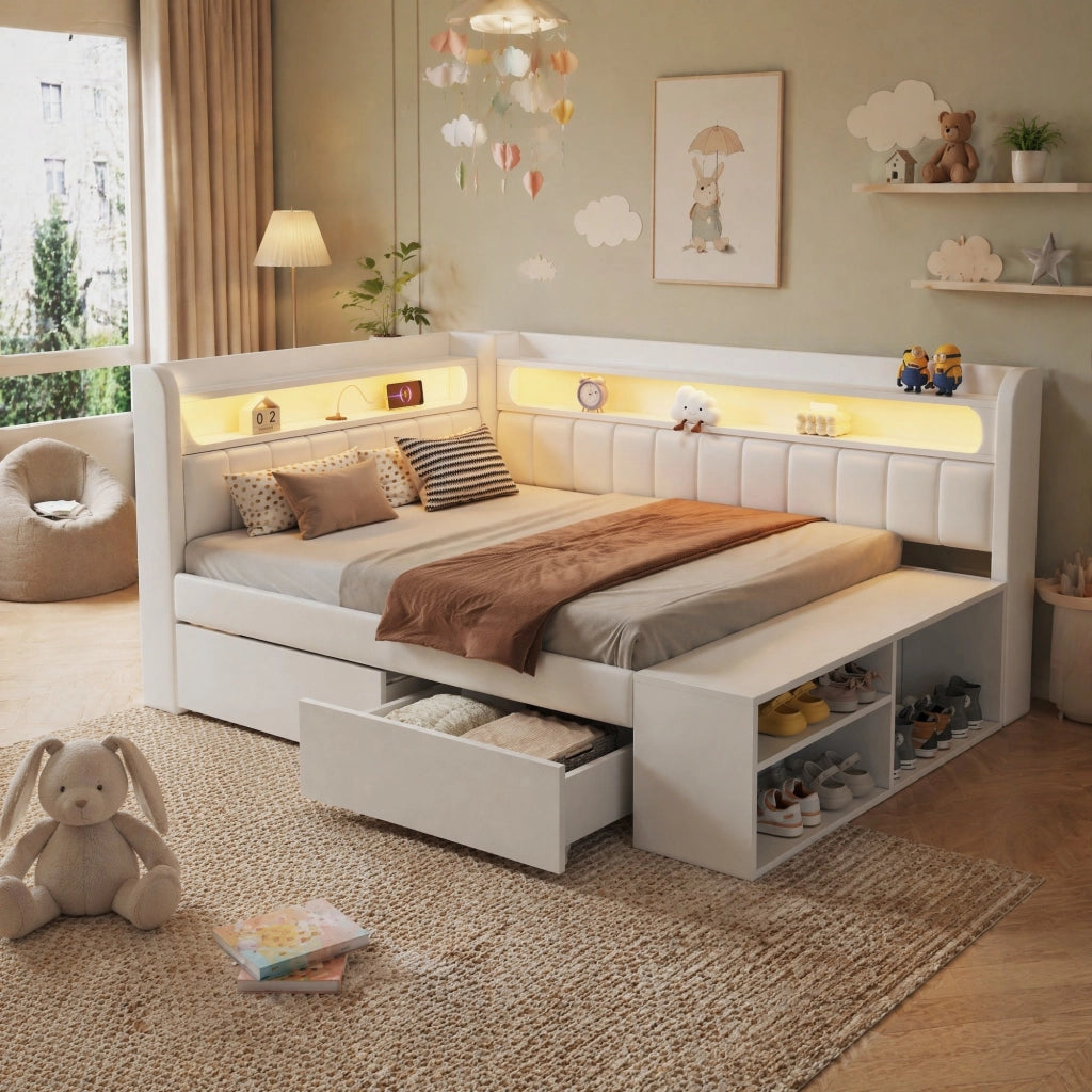 Divano letto imbottito 90x200 cm con LED; USB; due cassetti e scarpiera; bianco
