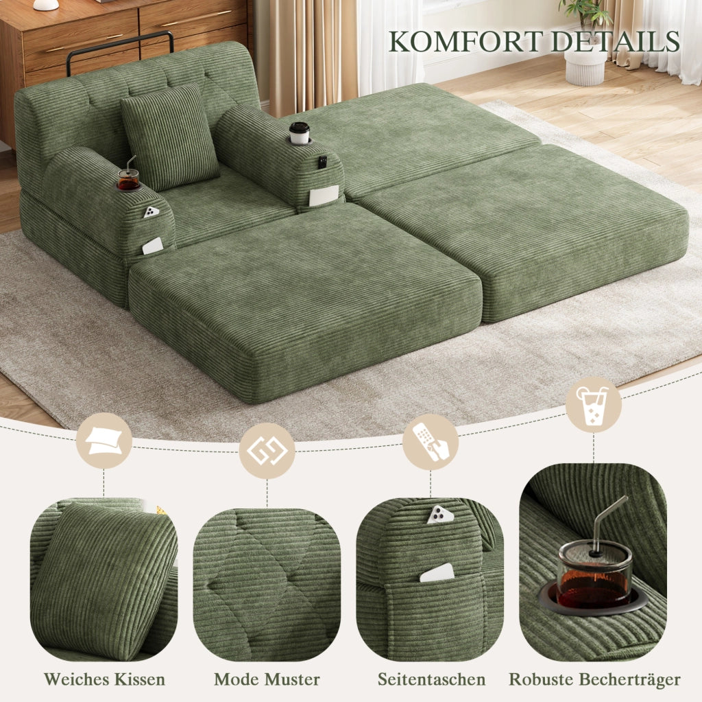 DIVANO LETTO 107x162x81 cm in Velluto a Coste Verde con Schienale Alto