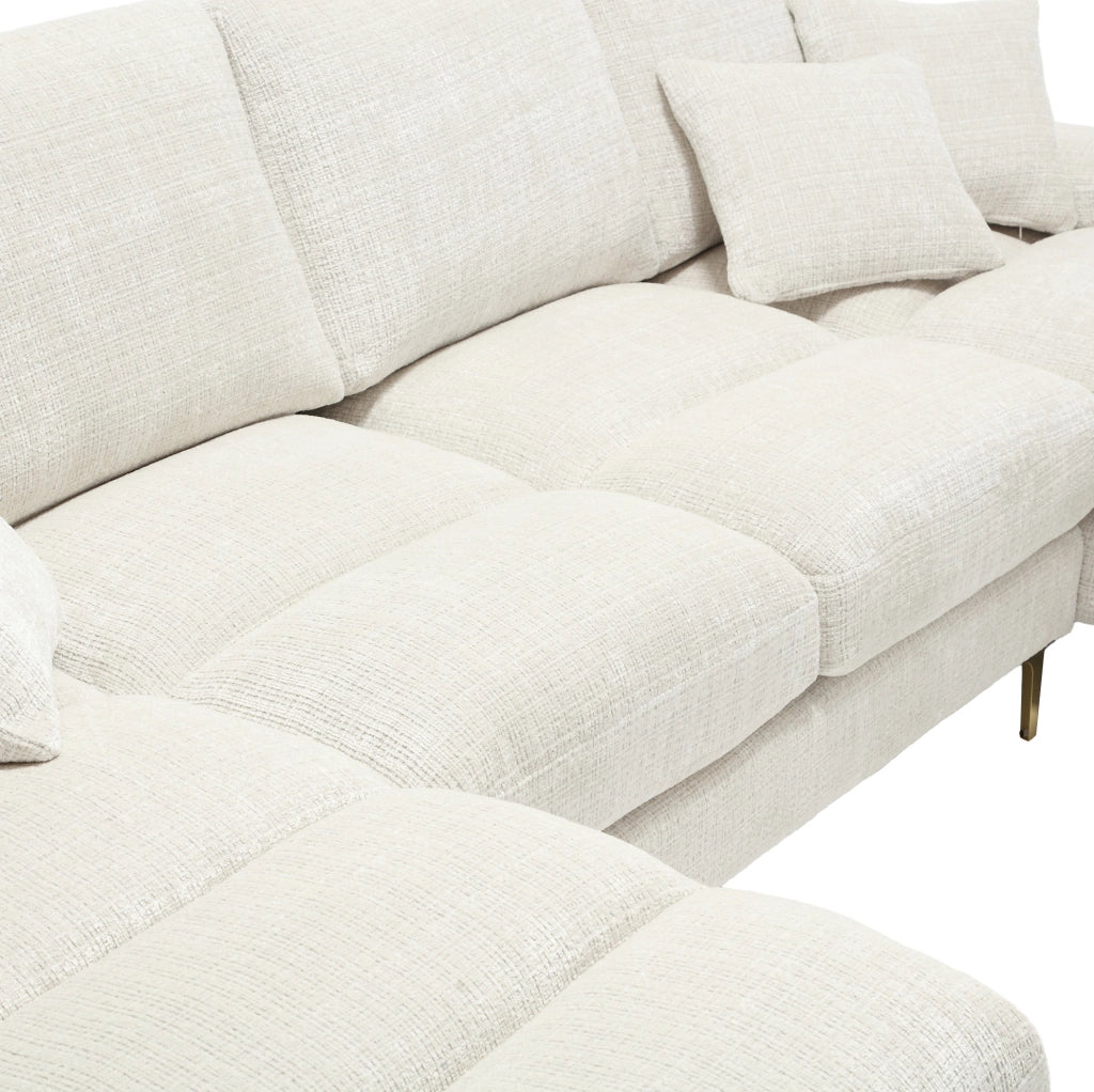 Divano modulare a sezioni Chenille a forma di U con doppi poggiatesta, struttura in legno, piedi in metallo oro, 272x136x88 cm