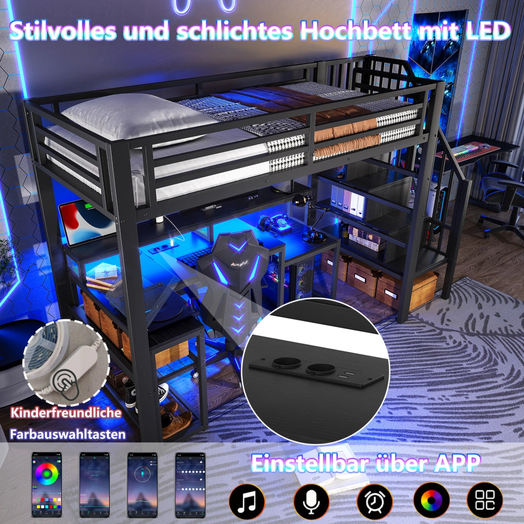 Letto a soppalco 90x200 cm nero con scrivania, LED e USB