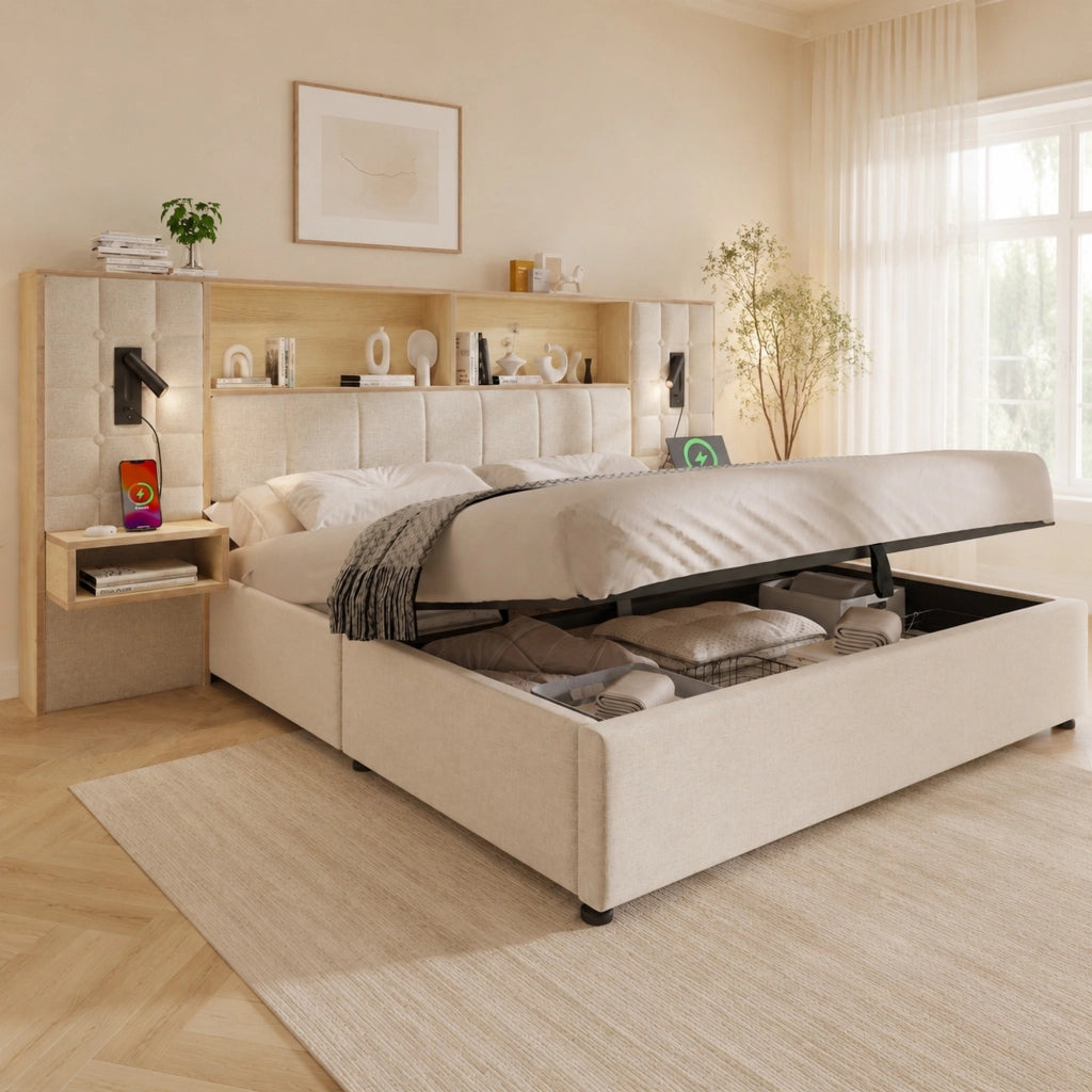 Letto contenitore matrimoniale 160 × 200 cm con LED; 2 lampade da lettura; USB e Type-C; senza materasso; beige