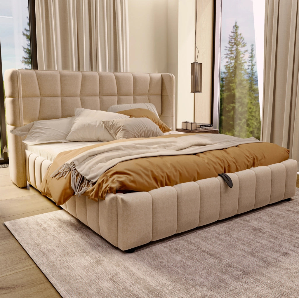 Letto imbottito contenitore beige 180 x 200 cm con sollevamento