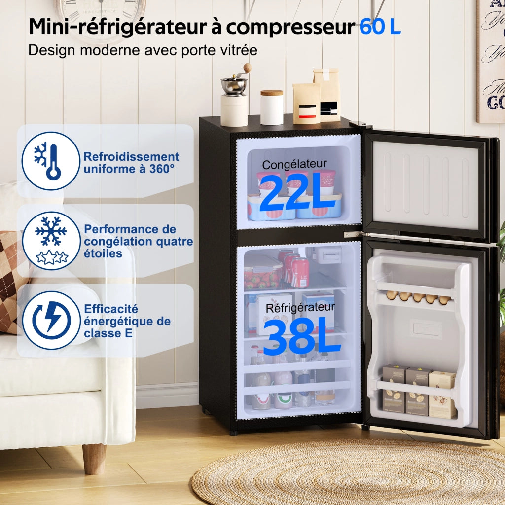 Minifrigo 60 l con congelatore da 22 l porta in vetro LED regolazione a 7 livelli nero 42.5 × 44.5 × 87.5 cm