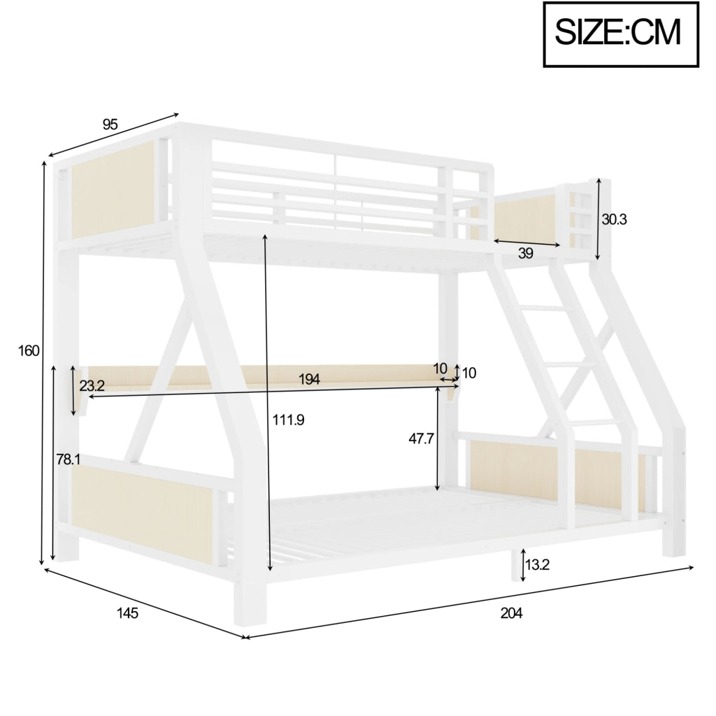 Letto a Castello in Metallo e Legno con LED e Ripiano 90 x 200/140 x 200 cm Bianco - Senza Materasso