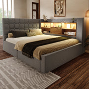 Letto 140x200 cm con contenitore idraulico; LED e porte USB in lino grigio