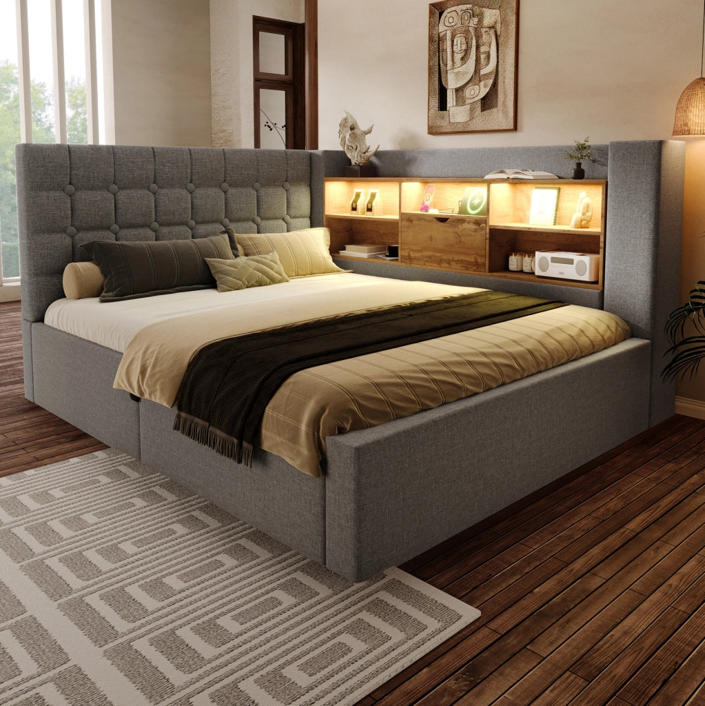 Letto 140x200 cm con contenitore idraulico; LED e porte USB in lino grigio