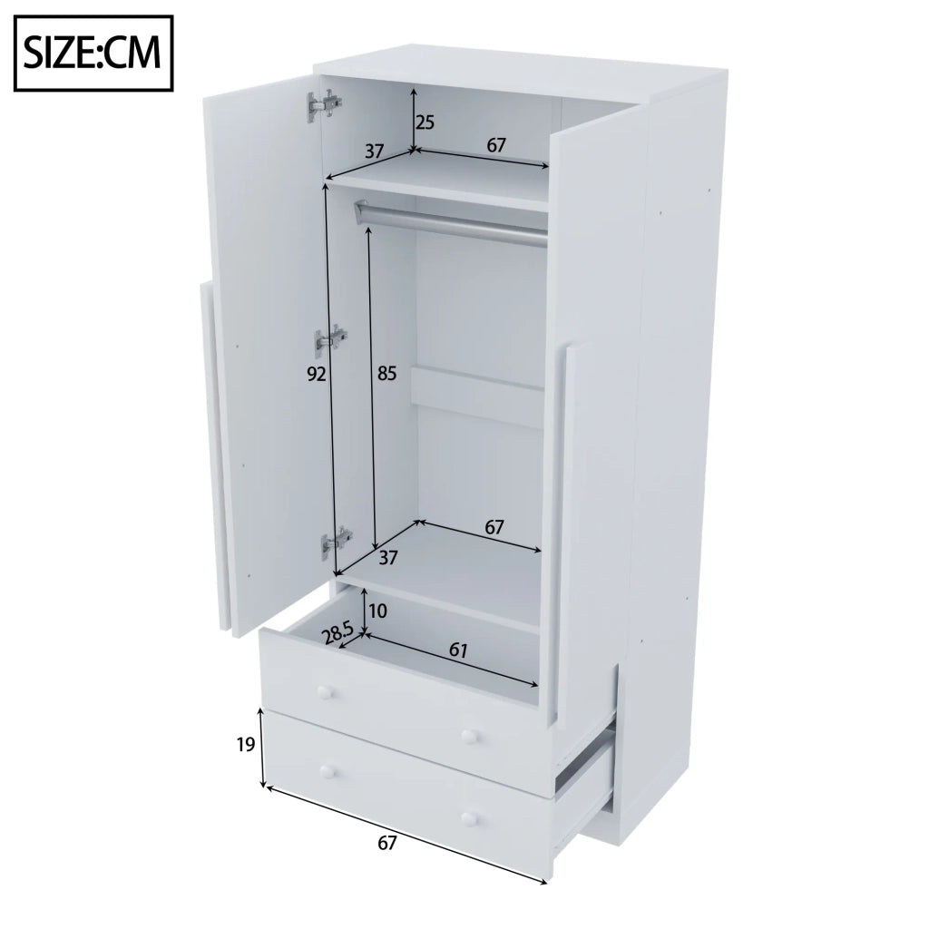 Armadio 70x40x170 cm, design a doppie ante, con cassetti e ripiani, bianco